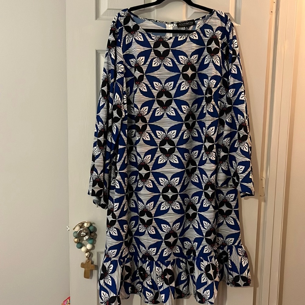 Long sleeve light weight ruffled dress, blue/black, white, red